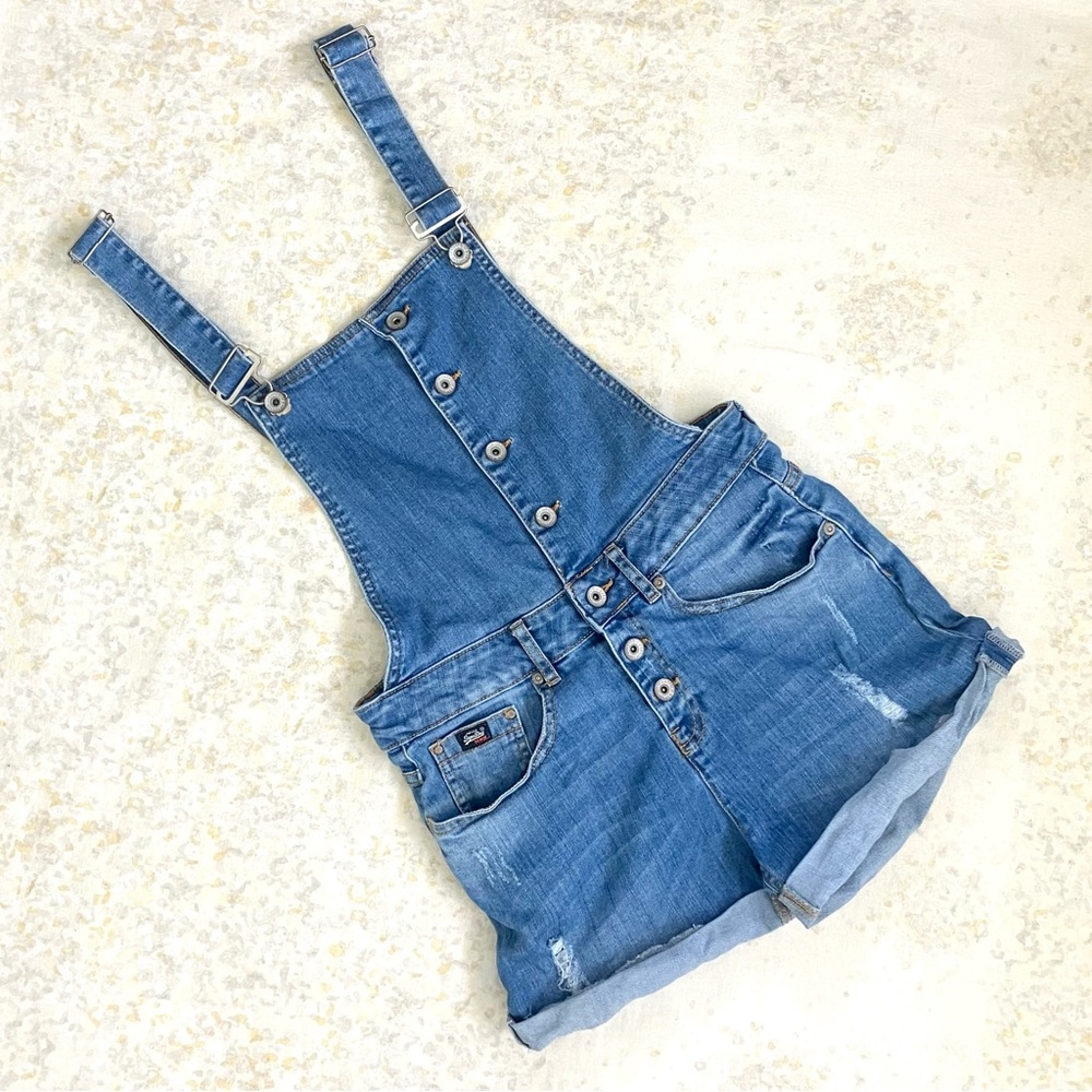 Superdry Small Shortall Overall Shorts Blue Jean Denim Button Front Distressed